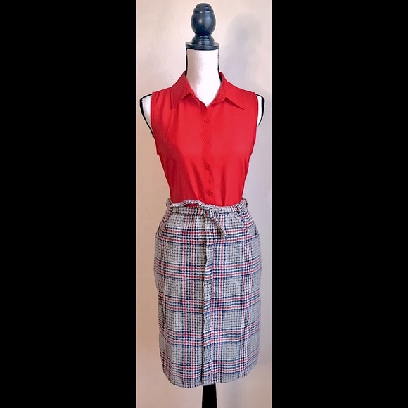 Tan, Blue & Red Plaid Wool Midi Pencil Skirt, Sz. M: Authentic Vintage Peice - Picture 2 of 7